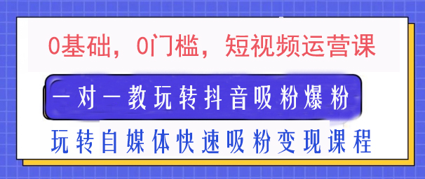 短视频运营课：一对一教玩转抖音吸粉爆粉，自媒体快速吸粉变现课程（0基础+0门槛））